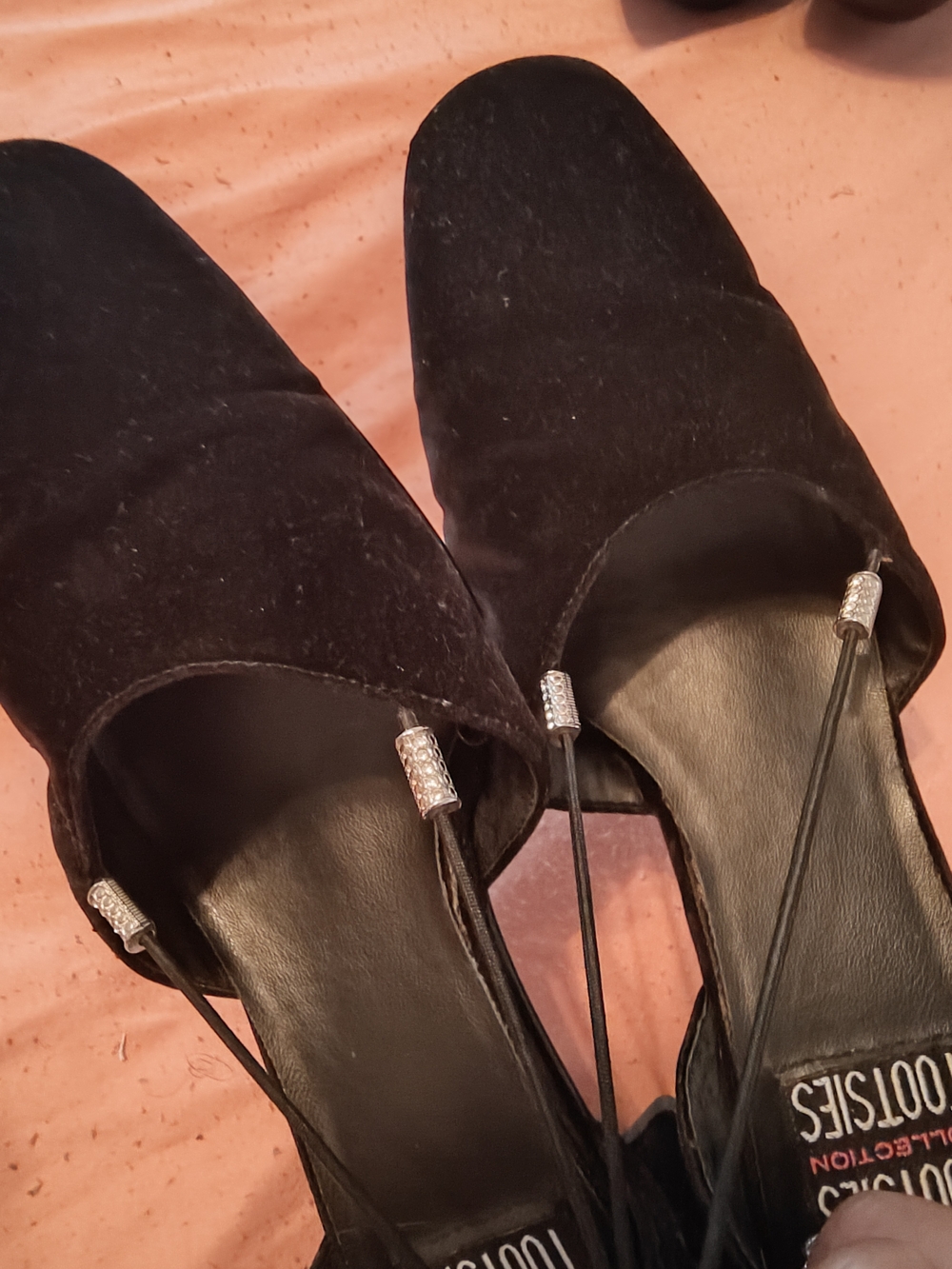 Mootsies Tootsies Black Slip-On Heels with Rhinestone Tassel Accents